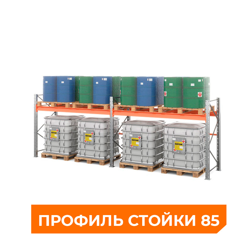 Две секции стеллажа металлического паллетного 2000х1800х1100 мм (85.1.5). Ярусы: пол+1